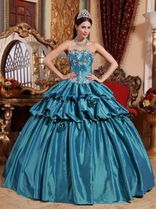 Teal Sweetheart Appliqued Quinceanera Dress with Pick-ups and Flower