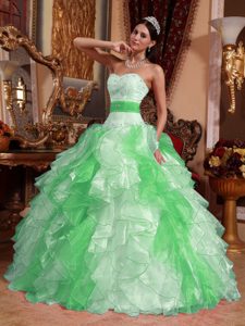 Cheap Green and White Sweetheart Quinceanera Dress with Ruffles and Beading