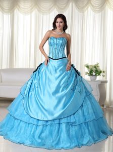 Strapless Long Aqua Blue Quinceanera Dress with Pick-ups and Flower