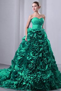Turquoise Sweetheart Court Train Ruched Quinceanera Dress with Rolling Flowers