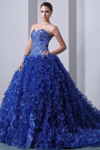 Chic Sweetheart Royal Blue Court Train Ruffled Sweet 16 Dress with Appliques