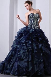Sweetheart Navy Blue Brush Train Quinceanera Dress with Beading and Ruffles