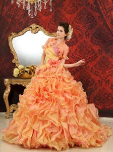 Best Orange Court Train Beaded Ruffled Sweet 16 Dress with Flower and Jacket