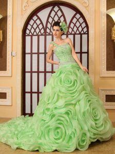 One Shoulder Court Train Light Green Beaded Sweet 16 Dress with Rolling Flower