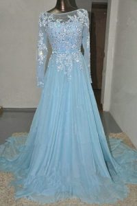 Hot Sale Organza Long Sleeves Prom Gown Court Train and Appliques and Belt