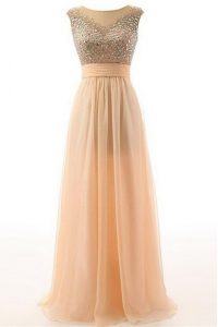 Super Scoop Floor Length Backless Prom Party Dress Peach for Prom and Party with Beading and Belt