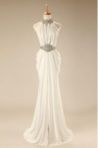 Designer Sleeveless Chiffon Sweep Train Zipper Prom Dresses in White with Beading and Belt