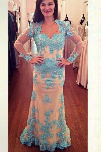 With Train Column/Sheath Long Sleeves White and Blue Prom Gown Brush Train Zipper