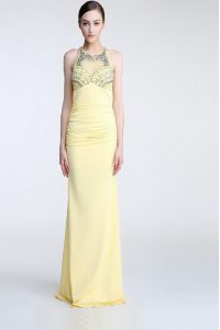 Low Price Light Yellow Column/Sheath Scoop Sleeveless Chiffon Floor Length Criss Cross Beading and Ruching Prom Party Dr