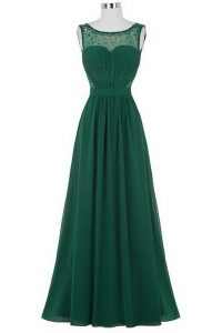 Scoop Floor Length Zipper Evening Dress Dark Green for Prom and Party with Beading and Ruching