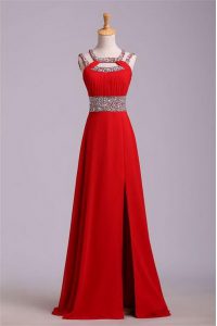 Halter Top Red Satin Zipper Evening Dress Sleeveless Floor Length Beading and Belt
