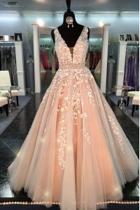 Chiffon Straps Sleeveless Zipper Lace Dress for Prom in Peach
