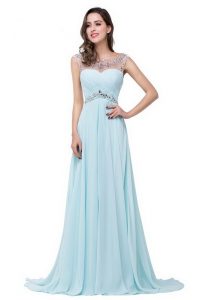 Light Blue Prom Evening Gown Prom and Party and For with Beading Scoop Sleeveless Brush Train Zipper