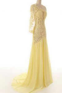 Luxurious Chiffon and Lace One Shoulder 3 4 Length Sleeve Sweep Train Side Zipper Lace Prom Dress in Light Yellow