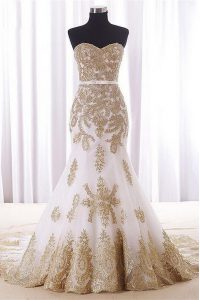 Popular Mermaid White Organza Lace Up Prom Party Dress Sleeveless With Brush Train Lace and Appliques and Embroidery