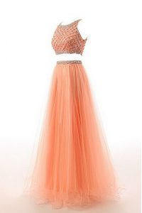 Lovely Orange Scoop Neckline Beading and Belt Prom Dresses Sleeveless Side Zipper