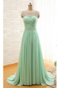 Apple Green Scoop Zipper Beading and Ruching Dress for Prom Brush Train Sleeveless