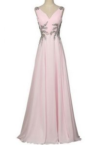 Sexy Baby Pink V-neck Zipper Beading Prom Evening Gown Brush Train Sleeveless