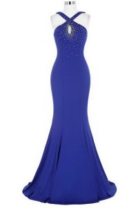 Royal Blue Mermaid Halter Top Sleeveless Elastic Woven Satin With Brush Train Zipper Beading Prom Party Dress