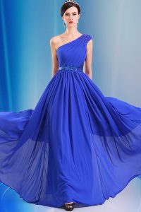 One Shoulder Sleeveless Side Zipper Floor Length Ruching and Belt Prom Evening Gown