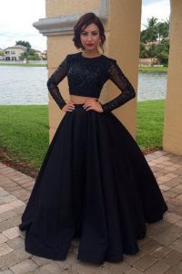 Excellent Black Two Pieces Chiffon Scoop Long Sleeves Sequins Floor Length Zipper Prom Gown
