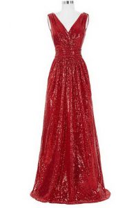 Red Sequined Zipper Oscars Dresses Sleeveless With Brush Train Sequins