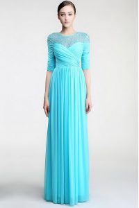 Edgy Scoop Sleeveless Chiffon Floor Length Zipper Prom Dresses in Aqua Blue with Beading and Ruching