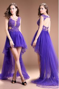 Dramatic Scoop Sleeveless Cocktail Dresses High Low Beading and Appliques Purple Organza