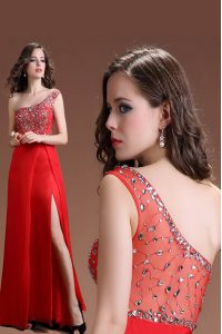 Sweet Floor Length Red Prom Dress One Shoulder Sleeveless Side Zipper