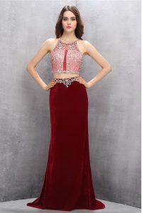 Burgundy Scoop Criss Cross Beading and Appliques Dress for Prom Brush Train Sleeveless