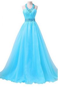 Aqua Blue Column/Sheath Halter Top Sleeveless Chiffon Floor Length Lace Up Beading and Belt Prom Dress