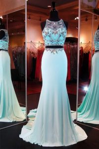 Mermaid Aqua Blue Prom Gown Prom and Party and For with Beading Scoop Sleeveless Brush Train Zipper