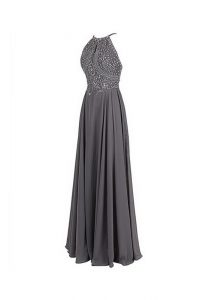 Sleeveless Chiffon Floor Length Zipper Prom Dresses in Grey with Beading