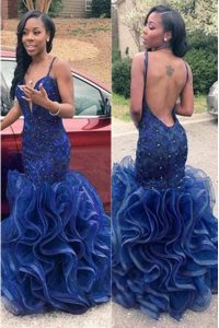 Mermaid Floor Length Backless Prom Gown Navy Blue for Prom and Party with Ruffles