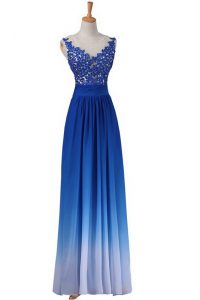 Blue Sleeveless Chiffon Backless Prom Dresses for Prom and Party