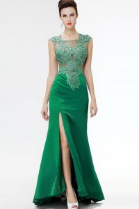 Glittering Dark Green Prom and Party and For with Beading and Appliques Square Sleeveless Sweep Train Zipper
