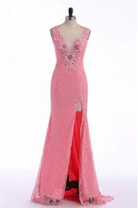 Latest Rose Pink V-neck Neckline Lace and Appliques Homecoming Dress Sleeveless Backless