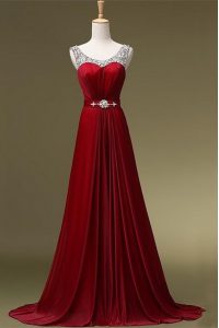 Beautiful Scoop Beading and Belt Prom Evening Gown Wine Red Zipper Sleeveless Brush Train