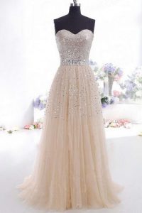 Decent Champagne Empire Beading and Belt Dress for Prom Zipper Organza Sleeveless