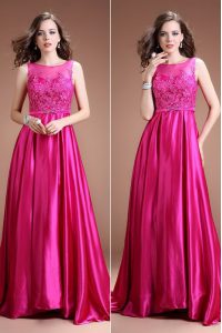 Hot Pink Sleeveless Satin Zipper Evening Dress for Prom and Party
