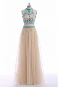 Champagne Prom Dress Prom and Party and For with Beading and Appliques and Belt High-neck Sleeveless Zipper