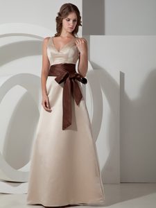 Grey A-line V-neck Long Bridesmaid Dress with Sash