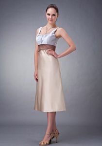 Champagne Scoop Tea-length Satin Bridesmaid Dress with Belt