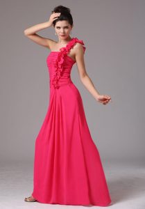 One Shoulder Ruches Decorated Bust Junior Bridesmaid Dress in Coral Red