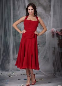 Wine Red Halter Tea-length Junior Bridesmaid Dresses