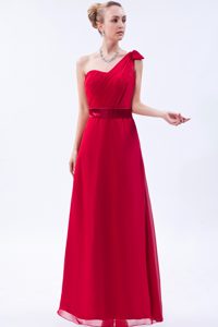 One Shoulder Long Red Junior Bridesmaid Dresses with Sash