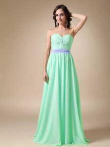 Apple Green Sweetheart Long Ruched Pageant Dress with Lilac Sash