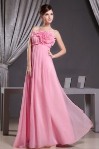 Strapless Long Rose Pink Ruched Chiffon Pageant Dress with Flowers