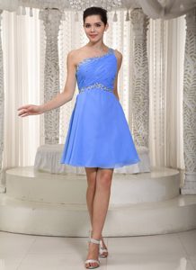 One Shoulder Mini-length Blue Ruched Chiffon Pageant Dress with Beading