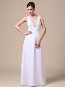 Plunging Neckline White Long Pageant Dress with Appliques for Less